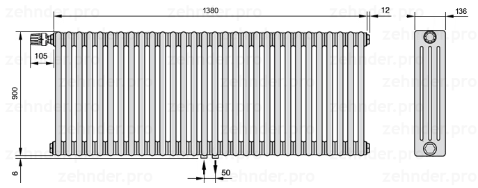 Схема (чертеж) Радиатор Zehnder Charleston 4090/30 №V007 Белый глянцевый RAL 9016